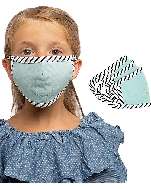 Tikiri Pacco da 3 Mascherine Lavabili per Bambini - Sorriso Blu - 3 Strati - Filtraggio oltre 95% - 100% Cotone certificato Oeko-Tex Mascherine Protettive_