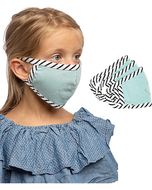 Tikiri Pacco da 3 Mascherine Lavabili per Bambini - Sorriso Blu - 3 Strati - Filtraggio oltre 95% - 100% Cotone certificato Oeko-Tex Mascherine Protettive_