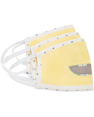 Tikiri Pacco da 3 Mascherine Lavabili per Bambini - Sorriso Giallo - 3 Strati - Filtraggio oltre 95% - 100% Cotone certificato Oeko-Tex Mascherine di Protezione Individuale