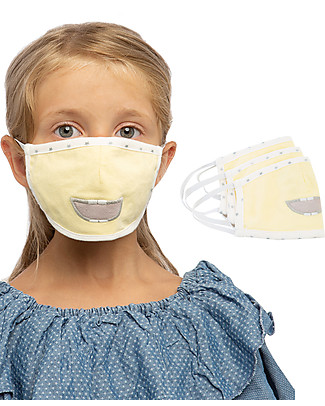 Tikiri Pacco da 3 Mascherine Lavabili per Bambini - Sorriso Giallo - 3 Strati - Filtraggio oltre 95% - 100% Cotone certificato Oeko-Tex Mascherine di Protezione Individuale