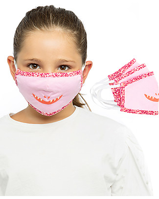 Tikiri Pacco da 3 Mascherine Lavabili per Bambini - Sorriso Mostro - 3 Strati - Filtraggio oltre 95% - 100% Cotone certificato Oeko-Tex Mascherine di Protezione Individuale_