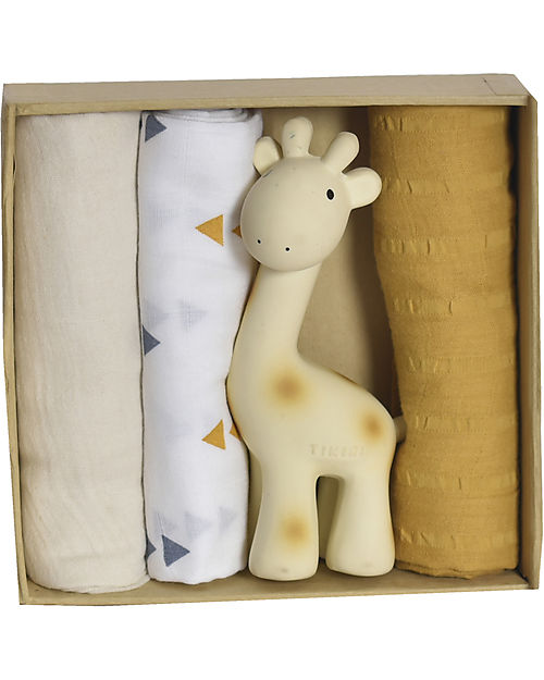 Tikiri Set Regalo Tre Mussole e Massaggiagengive - Giraffa Swaddle di Mussola