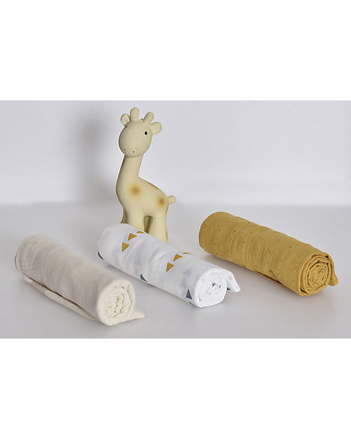 Tikiri Set Regalo Tre Mussole e Massaggiagengive - Giraffa Swaddle di Mussola