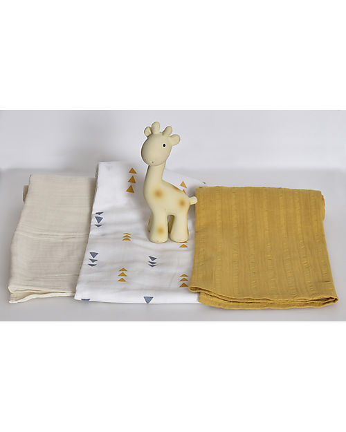 Tikiri Set Regalo Tre Mussole e Massaggiagengive - Giraffa Swaddle di Mussola