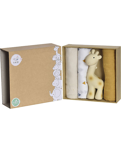 Tikiri Set Regalo Tre Mussole e Massaggiagengive - Giraffa Swaddle di Mussola