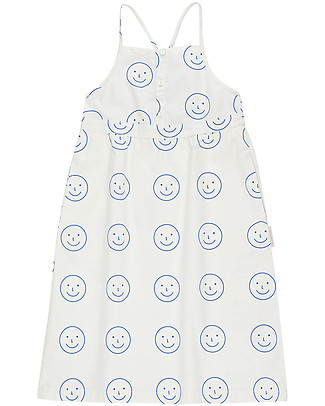 Tiny Cottons Abito Senza Maniche Happy Face, Bianco/Azzurro - 100% Cotone Vestiti