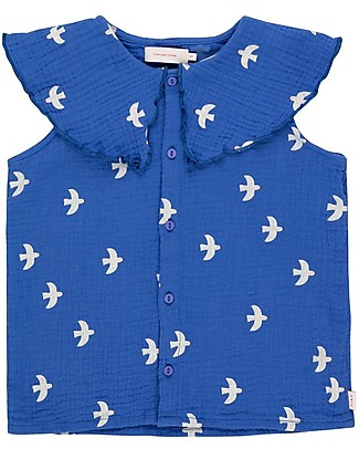 Tiny Cottons Blusa con Colletto Senza Maniche Uccelli - Blu Oltremare - 100% Cotone Bluse