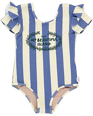 Tiny Cottons Costume Intero a Righe con Volant - Ghirlanda - Giallo Pastello / Blu Notte Costumi Interi