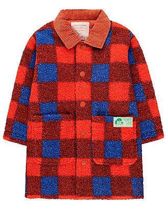 Tiny Cottons Giacca Lunga in Sherpa - Design a Scacchi - Rosso e Blu - Calda ed Elegante Giacche
