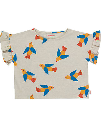 Tiny Cottons Maglietta Maniche Corte in Cotone - Birds - Crema - con Volant T-shirt