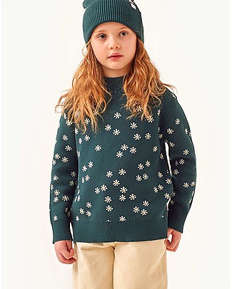 Tiny Cottons Maglione a Collo Alto - Margherite - Verde Scuro - Cotone e Lana Merino Extrafine Maglioni
