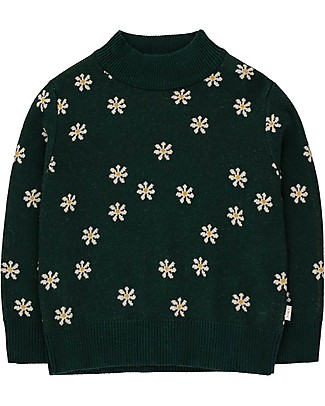 Tiny Cottons Maglione a Collo Alto - Margherite - Verde Scuro - Cotone e Lana Merino Extrafine Maglioni