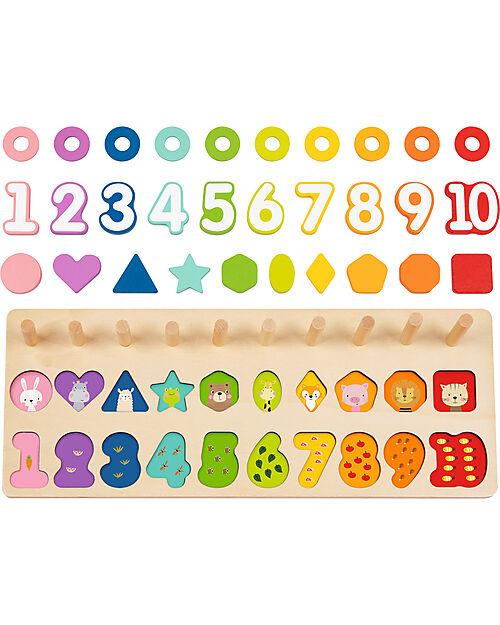 Tooky Toy Abaco Impilabile Numerico in Legno - 44,9 x 17,6 x 10 cm - A Partire Dai 18 Mesi - Comprende 76 Pezzi Giochi STEM