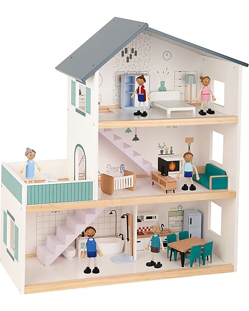Tooky Toy Casa delle Bambole in Legno - 31 Pezzi - 63 x 22,5 x 69,8 cm - 3+ Anni Case delle Bambole
