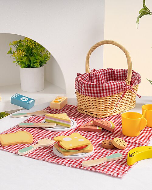 Tooky Toy Cestino da Picnic Legno - 23 Pezzi - 22 x 15 x 25 cm - 3+ Anni Cibo Giocattolo