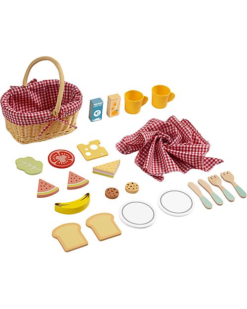 Tooky Toy Cestino da Picnic Legno - 23 Pezzi - 22 x 15 x 25 cm - 3+ Anni Cibo Giocattolo