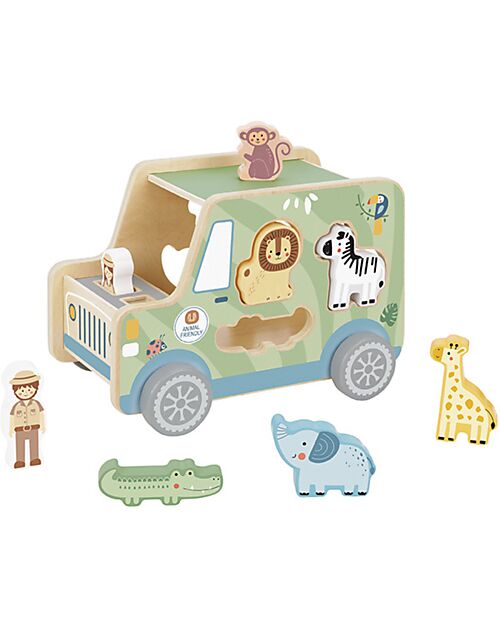 Tooky Toy Gioco a Incastro in Legno - Jeep con Animali - 26 x 16,3 x 17,7 cm - A Partire Dai 18 Mesi Incastri in Legno