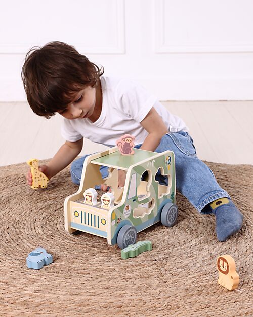 Tooky Toy Gioco a Incastro in Legno - Jeep con Animali - 26 x 16,3 x 17,7 cm - A Partire Dai 18 Mesi Incastri in Legno