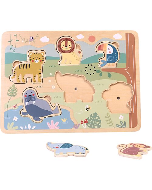 Tooky Toy Puzzle Sonoro a Incastro in Legno - Animali - 29,5 x 21,5 x 1,5 cm - 18m+ Incastri in Legno