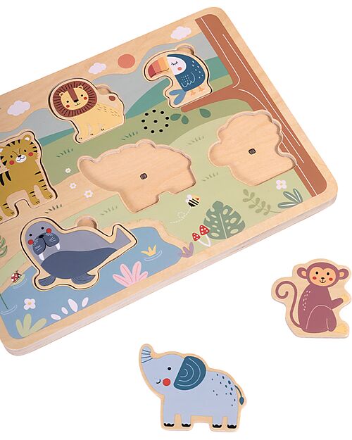 Tooky Toy Puzzle Sonoro a Incastro in Legno - Animali - 29,5 x 21,5 x 1,5 cm - 18m+ Incastri in Legno