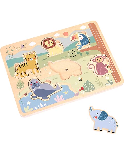 Tooky Toy Puzzle Sonoro a Incastro in Legno - Animali - 29,5 x 21,5 x 1,5 cm - 18m+ Incastri in Legno