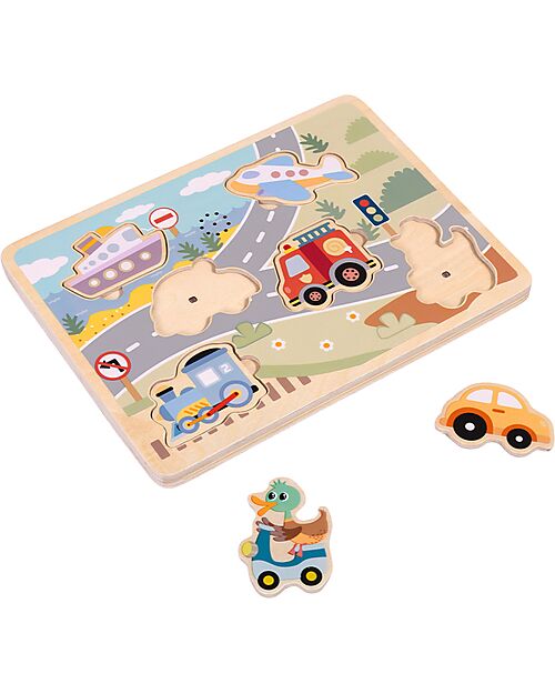 Tooky Toy Puzzle Sonoro a Incastro in Legno - Veicoli - 29,5 x 21,5 x 1,5 cm - 18m+ Incastri in Legno