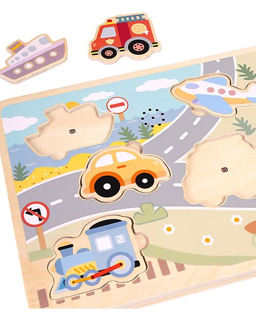 Tooky Toy Puzzle Sonoro a Incastro in Legno - Veicoli - 29,5 x 21,5 x 1,5 cm - 18m+ Incastri in Legno