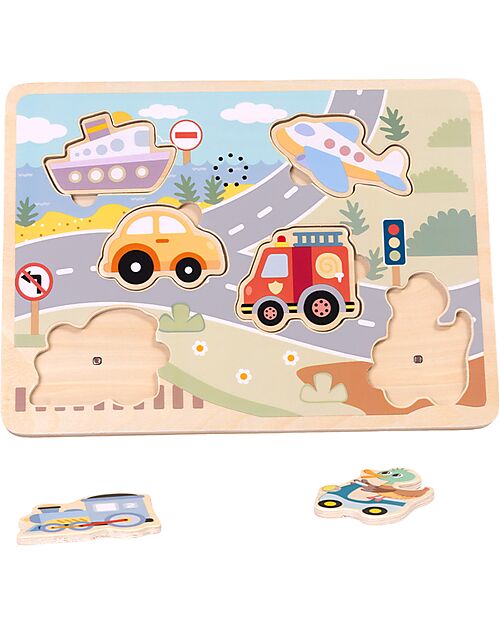 Tooky Toy Puzzle Sonoro a Incastro in Legno - Veicoli - 29,5 x 21,5 x 1,5 cm - 18m+ Incastri in Legno