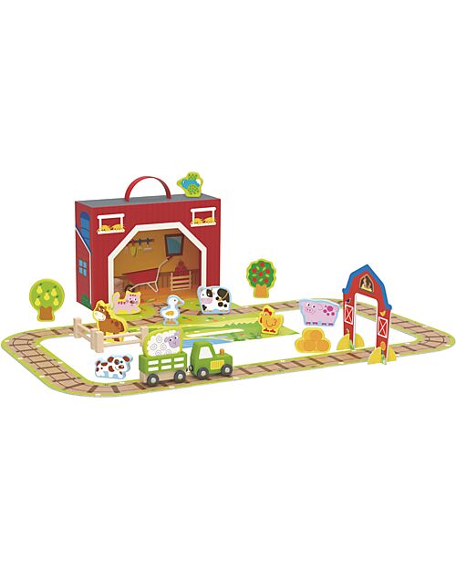Tooky Toy Set Fattoria in Legno - Ottimo per Giocare in Viaggio - 29 x 9,5 x 21,5 cm - A Partire Dai 3 Anni - Comprende 35 Pezzi Macchine e Trenini  in Legno