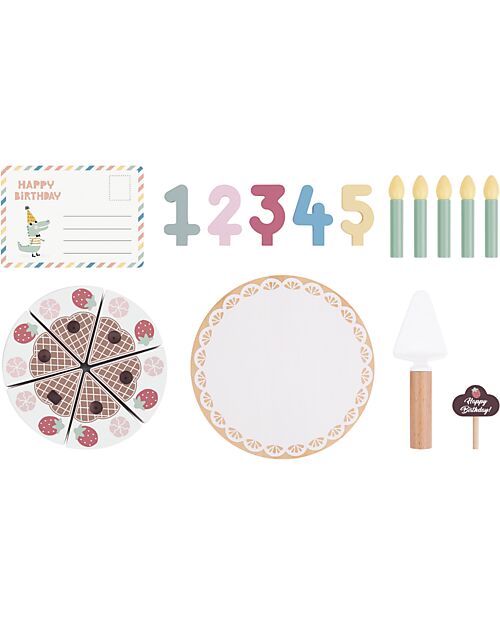 Tooky Toy Set Gioco Torta di Compleanno in Legno - ø 17 x 9,7 cm - A Partire Dai 18 Mesi - Comprende 20 Pezzi Cibo Giocattolo