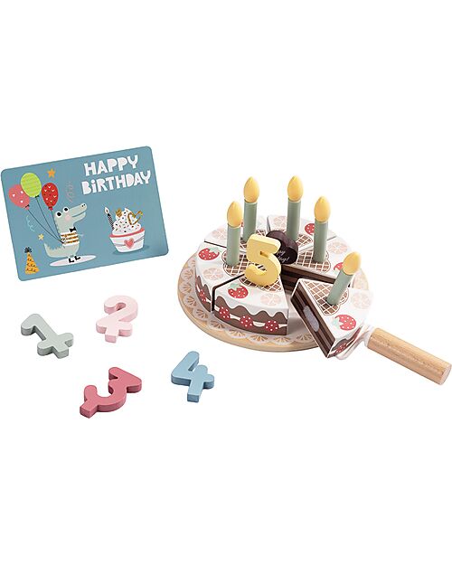Tooky Toy Set Gioco Torta di Compleanno in Legno - ø 17 x 9,7 cm - A Partire Dai 18 Mesi - Comprende 20 Pezzi Cibo Giocattolo