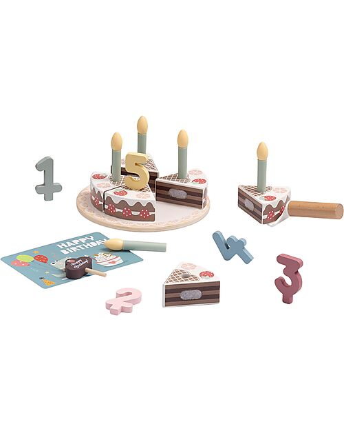 Tooky Toy Set Gioco Torta di Compleanno in Legno - ø 17 x 9,7 cm - A Partire Dai 18 Mesi - Comprende 20 Pezzi Cibo Giocattolo