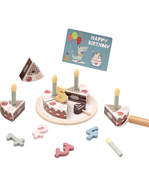 Tooky Toy Set Gioco Torta di Compleanno in Legno - ø 17 x 9,7 cm - A Partire Dai 18 Mesi - Comprende 20 Pezzi Cibo Giocattolo