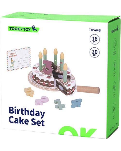 Tooky Toy Set Gioco Torta di Compleanno in Legno - ø 17 x 9,7 cm - A Partire Dai 18 Mesi - Comprende 20 Pezzi Cibo Giocattolo