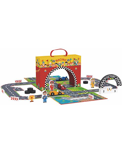 Tooky Toy Set Pista da Corsa - Ottimo per Giocare in Viaggio - 29 x 9,5 x 21,5 cm - A Partire Dai 3 Anni - Comprende 34 Pezzi Macchine e Trenini  in Legno
