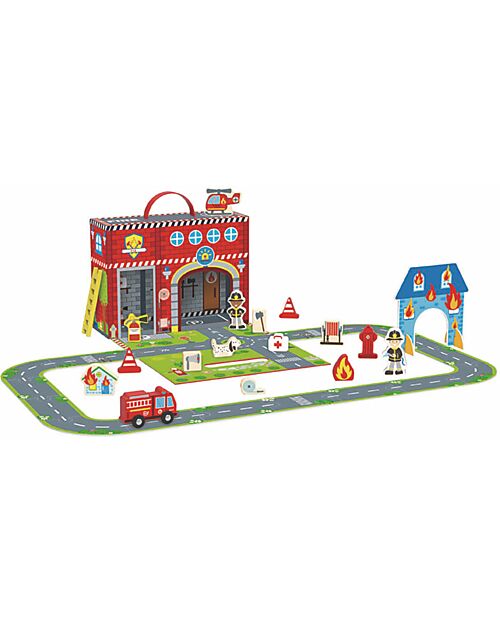 Tooky Toy Set Stazione dei Pompieri in Legno - Ottimo per Giocare in Viaggio - 29 x 9,5 x 21,5 cm - A Partire Dai 3 Anni - Comprende 35 Pezzi Macchine e Trenini  in Legno