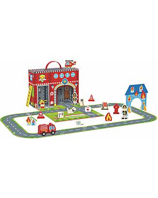 Tooky Toy Set Stazione dei Pompieri in Legno - Ottimo per Giocare in Viaggio - 29 x 9,5 x 21,5 cm - A Partire Dai 3 Anni - Comprende 35 Pezzi Macchine e Trenini  in Legno