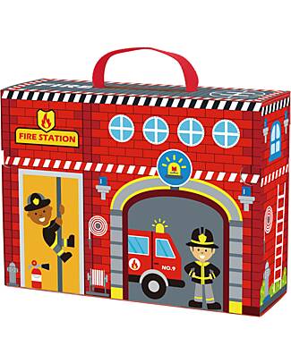 Tooky Toy Set Stazione dei Pompieri in Legno - Ottimo per Giocare in Viaggio - 29 x 9,5 x 21,5 cm - A Partire Dai 3 Anni - Comprende 35 Pezzi Macchine e Trenini  in Legno