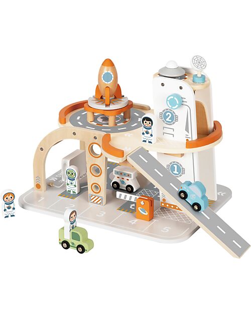 Tooky Toy Stazione Spaziale in Legno - 39,5 x 29,5 x 29 cm - A Partire Dai 3 Anni - Comprende 14 Pezzi Macchine e Trenini  in Legno