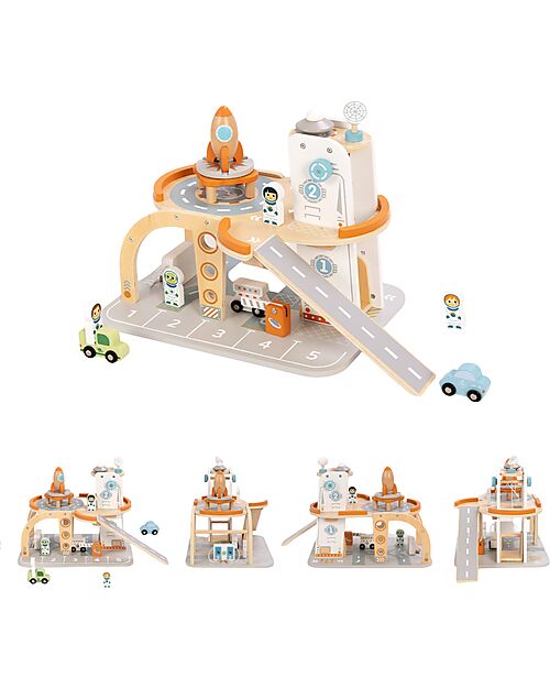 Tooky Toy Stazione Spaziale in Legno - 39,5 x 29,5 x 29 cm - A Partire Dai 3 Anni - Comprende 14 Pezzi Macchine e Trenini  in Legno