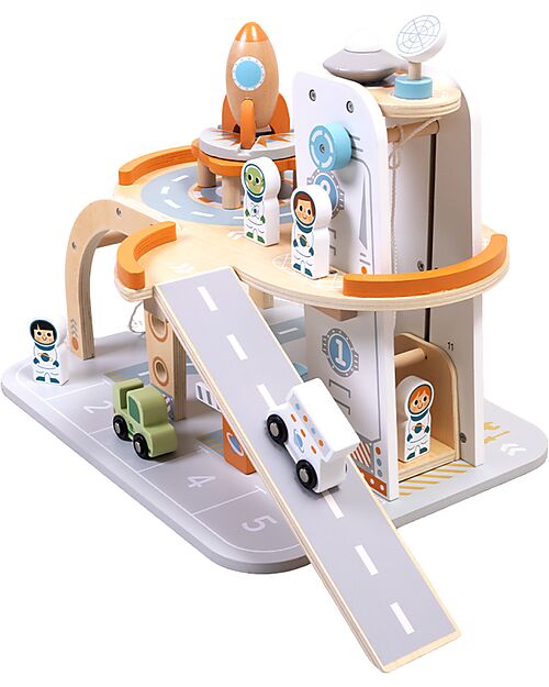 Tooky Toy Stazione Spaziale in Legno - 39,5 x 29,5 x 29 cm - A Partire Dai 3 Anni - Comprende 14 Pezzi Macchine e Trenini  in Legno