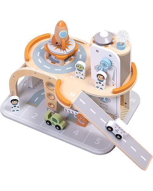 Tooky Toy Stazione Spaziale in Legno - 39,5 x 29,5 x 29 cm - A Partire Dai 3 Anni - Comprende 14 Pezzi Macchine e Trenini  in Legno