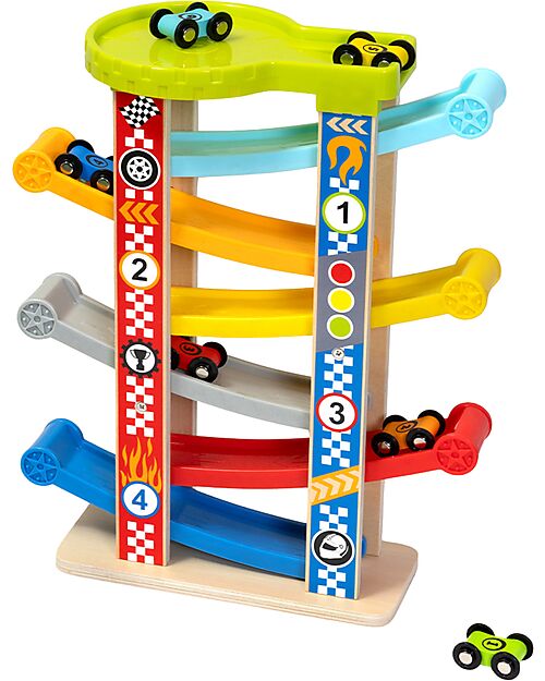 Tooky Toy Torre per Macchinine - 6 Macchine Incluse - 32 x 14 x 38 cm - 18m+ Macchine e Trenini  in Legno