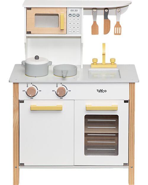 Tryco Baby Cucina Giocattolo in Legno - Bianco/Oro - Colori ad Acqua Atossici - 3+ Anni Cucine Giocattolo