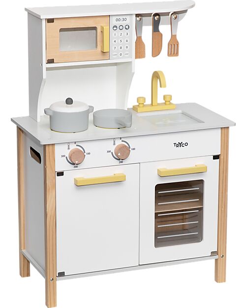 Tryco Baby Cucina Giocattolo in Legno - Bianco/Oro - Colori ad Acqua Atossici - 3+ Anni Cucine Giocattolo