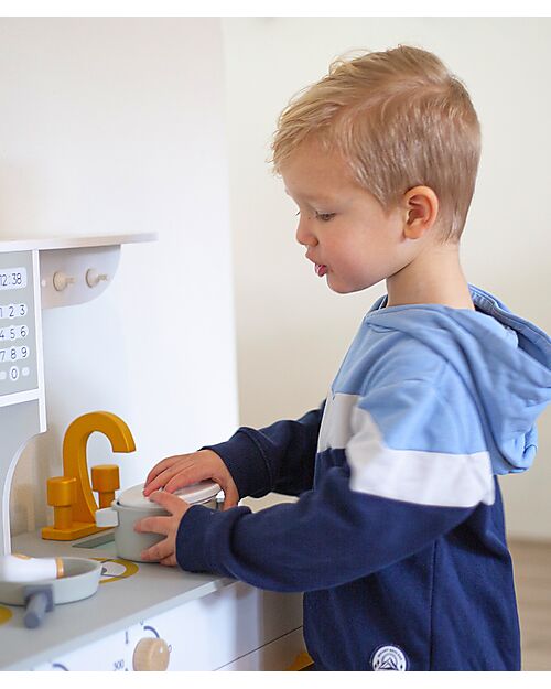 Tryco Baby Cucina Giocattolo in Legno - Bianco/Oro - Colori ad Acqua Atossici - 3+ Anni Cucine Giocattolo