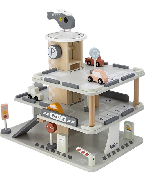 Tryco Baby Parcheggio Giocattolo in Legno - Include 1 Elicottero 4 Macchinine e 4 Cartelli - 3+ Anni Macchine e Trenini  in Legno