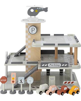 Tryco Baby Parcheggio Giocattolo in Legno - Include 1 Elicottero 4 Macchinine e 4 Cartelli - 3+ Anni Macchine e Trenini in Legno