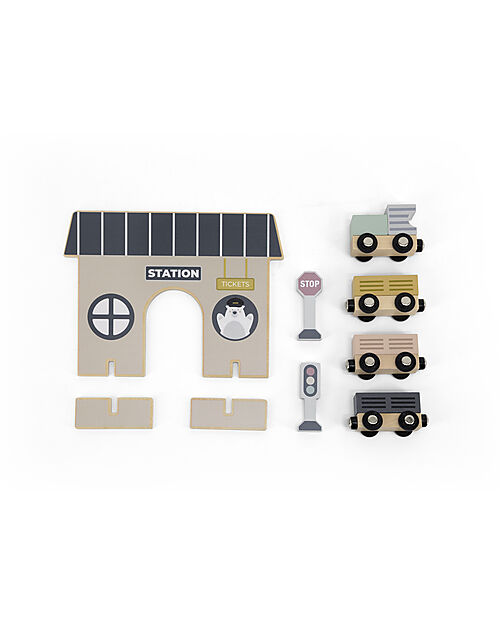 Tryco Baby Pista Giocattolo Stazione Ferroviaria in Legno - 18 pezzi - 2+ Anni Macchine e Trenini  in Legno