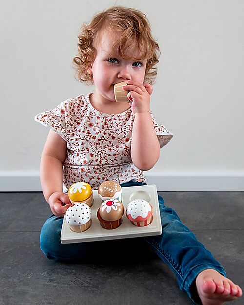 Tryco Baby Set Cupcake in Legno - Colori ad Acqua Atossici - 18+ m Cibo Giocattolo